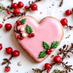 Pastel Christmas Heart Cookie with Holly Icing White Background