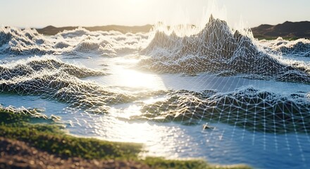 Snowy mountain winter landscape with calm water and clear sky