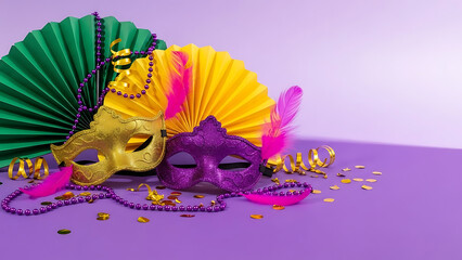 Festive gold and purple masquerade masks, adorned with vibrant feathers and colorful beads, ready for a joyful carnival celebration or elegant costume party