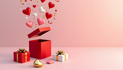 Valentine's Day gift box with heart-shaped balloons and confetti