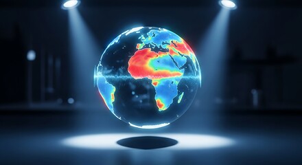 Holographic earth globe displaying climate change data and global temperature variations under spotlights in a futuristic digital environment, emphasizing environmental issues.