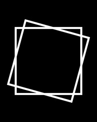 Minimalist geometric design featuring two overlapping white squares on a stark black background, creating a dynamic visual composition