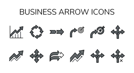 A versatile collection of diverse arrow icons depicting growth, progress, refresh, direction, strategy, and choices