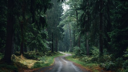 A peaceful road winds through a dense forest filled with tall trees. Early morning mist enhances the tranquility of the scene. Soft light filters through leaves creating a serene atmosphere.