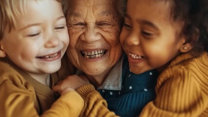 Three generations laugh together, conveying warmth and unity as a heartfelt backdrop for family projects or social advertising.
