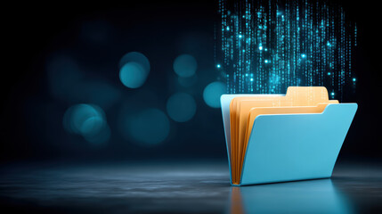 Secure data folder with glowing binary stream and digital security concept blue light
