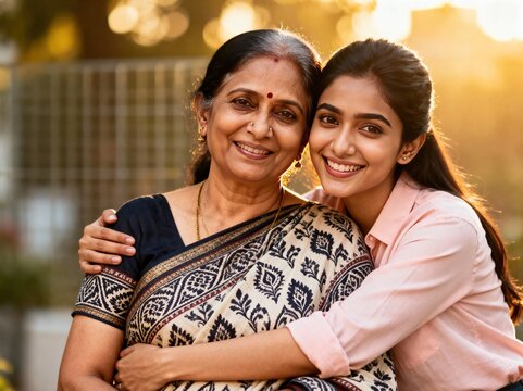 AI-generated image of a smiling mother and daughter  embracing, suitable for advertising themes related to banking, money, home loans, education loans, and financial services.