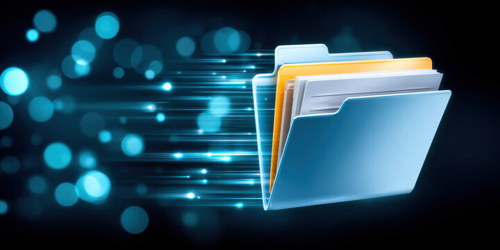 Digital folder transfer with glowing data security and fast file movement