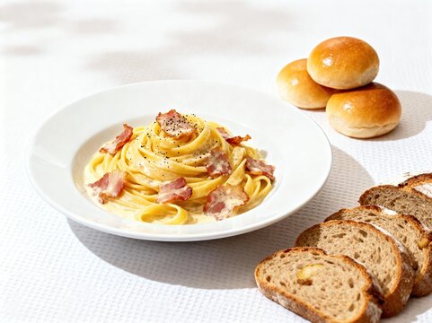 Pasta served on a white plate with bread rolls and sliced bread on the side, shown in a bright minimalist food setting.