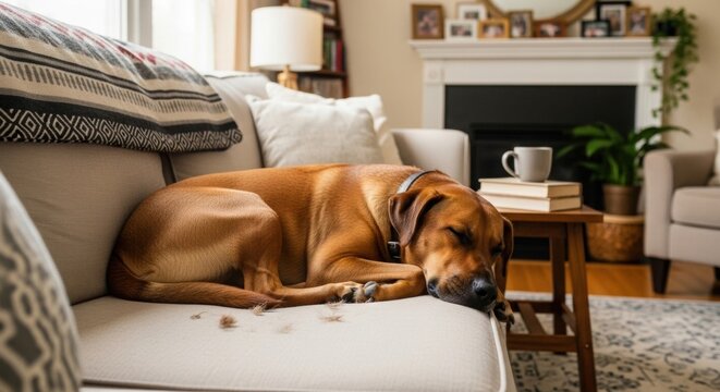 Medium-sized brown dog sleeping curled up on beige sofa in a cozy living room with books, coffee mug, soft pillows, and natural light, domestic peaceful home interior concept - Powered by Adobe