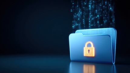 Data security folder with glowing padlock and digital code stream protecting files