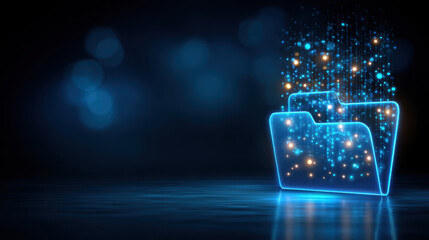 Neon folder data security concept glowing digital folder with particles and bokeh