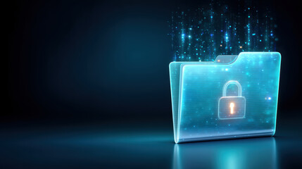 Secure digital folder protecting data security with glowing lock and futuristic blue light