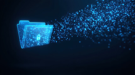 Secure data folder glowing digital particles and security concept with locked file icon