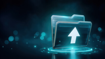 Secure data backup folder glowing with upload arrow in neon cloud security scene