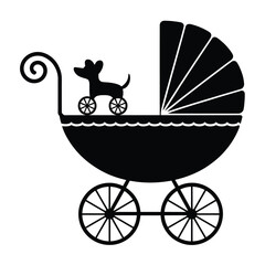 Silhouette of a dog in a vintage baby carriage