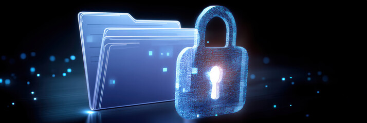 Secure digital file folder and data security lock glowing with blue light