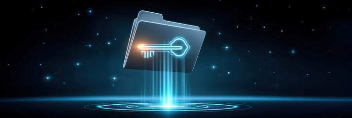 Secure data folder glowing with holographic key and digital protection futuristic cyber security