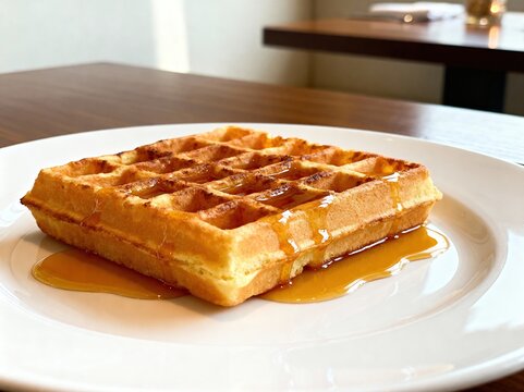 Close-up of a golden waffle served on a white plate with syrup, shown in warm natural light.