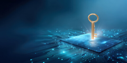 Gold key standing on glowing circuit board symbolizes data security and digital access