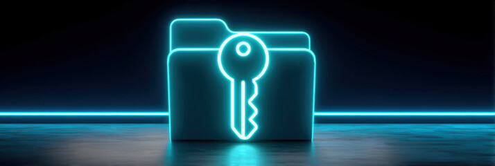 Neon folder key data security glowing cyan lock digital concept privacy