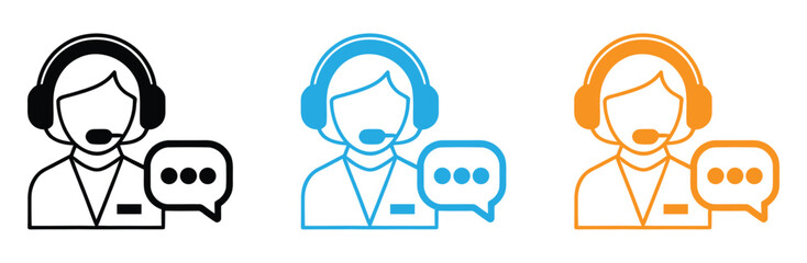 Customer support agent with headset and speech bubble isolated on white,Set of Customer support service icons collection. Technical support,call center, hotline,operator,staff,and agent communication