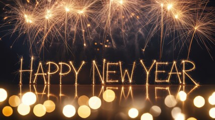 Happy new year fireworks display with sparkling lights