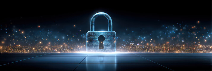 Digital lock concept data security glowing hologram padlock over city skyline at night