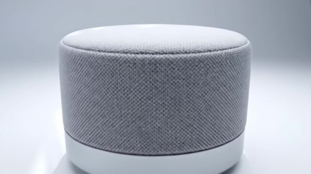 Close-up of a Modern Bluetooth Speaker with Fabric Grille and Metallic Base on a White Background.