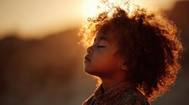 A child with curly hair stands still eyes closed absorbing the beauty of a sunset. The soft light highlights their features and gives a peaceful feel to the outdoor scene.