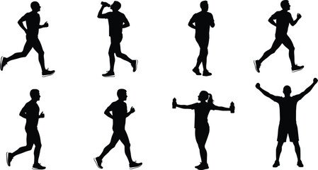 Black Silhouette Group of Diverse People Running, Jogging, Exercising, and Working Out; Male and Female Runners Hydrating and Stretching Outdoors for Fitness and Healthy Lifestyle.