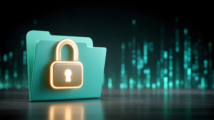Secure folder concept with data security lock glowing teal folder against digital code background