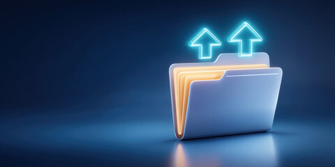 Secure data folder with upload arrows glowing neon dark gradient scene showing data security