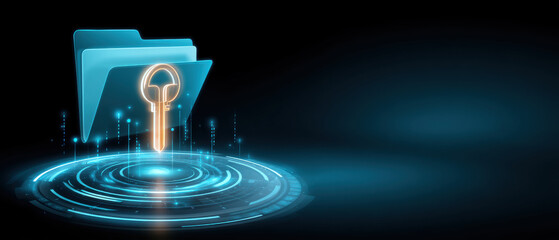 Secure blue folder with glowing key symbol and data security concept glowing interface