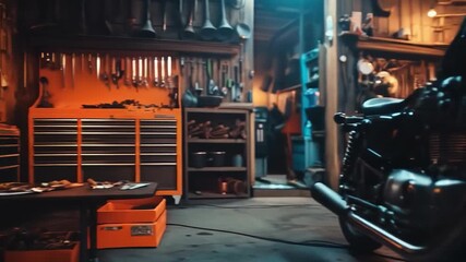 The motorcycle in the workshop is bathed in warm light, the perfect atmospheric backdrop for brands promoting freedom and craftsmanship.
