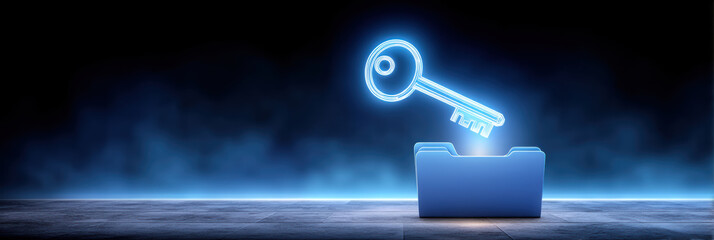Neon key and folder symbol representing data security and digital access in blue glow