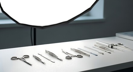 Precisely arranged sterile surgical instruments and lab tools, including forceps, scissors, scalpels, and probes, displayed on a clean white surface under soft studio lighting