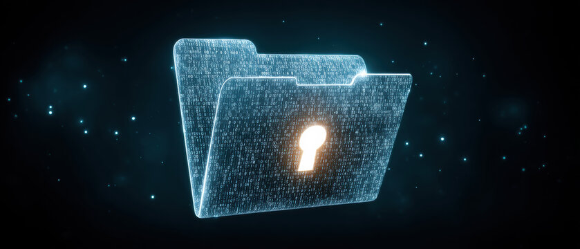 Secure data folder glowing with lock icon and binary code digital security