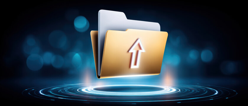 Secure data upload folder glowing with digital security shield and upward arrow - Powered by Adobe