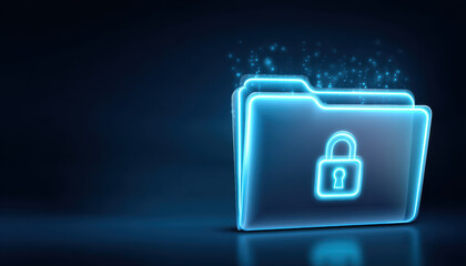 Neon folder data security padlock glowing digital privacy