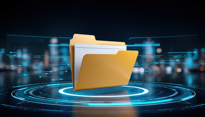 Data security folder icon on glowing virtual interface protecting digital files