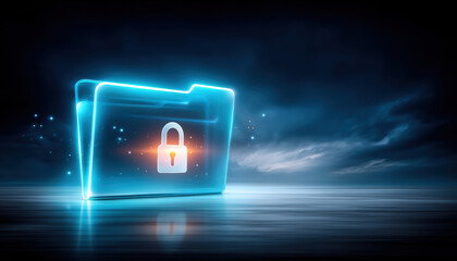 Secure digital folder glowing with lock icon data security scene in blue light
