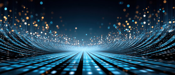 Futuristic data security grid glowing with blue lights and golden bokeh motion