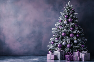 Christmas tree on textured floor with purple and silver baubles and frosty snow, surrounded by wrapped presents; festive holiday scene with copy space left for greeting text