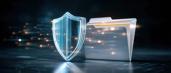 Secure digital file folder protecting data security with glowing shield and motion light