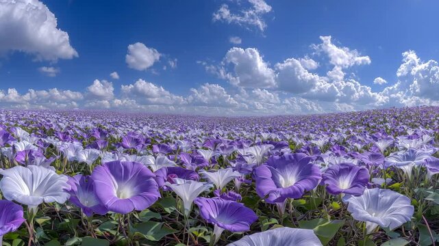絞り染めのような朝顔が青空にストライプ模様を描く夏の畑