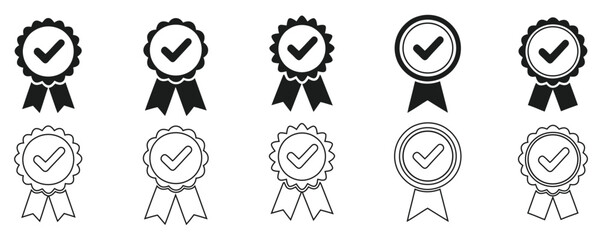 Celebrate achievements with these diverse award ribbon icons,Set of quality premium icons,  approved or certified medal, achievement badge vector illustration. Verified, quality symbol, 