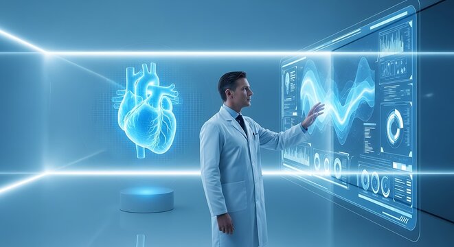 Doctor interacting with holographic interface displaying cardiac data and a 3d heart model, representing future medical diagnostics, health research, and innovative healthcare technology solutions - Powered by Adobe