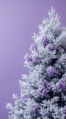 White flocked Christmas tree branches with elegant purple decorations on a soft lavender background, creating a festive and artistic winter holiday composition concept