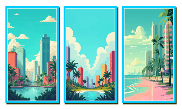 Vibrant tropical cityscape triptych; popular microstock keywords: skyline, beach, palm trees, urban, landscape.
